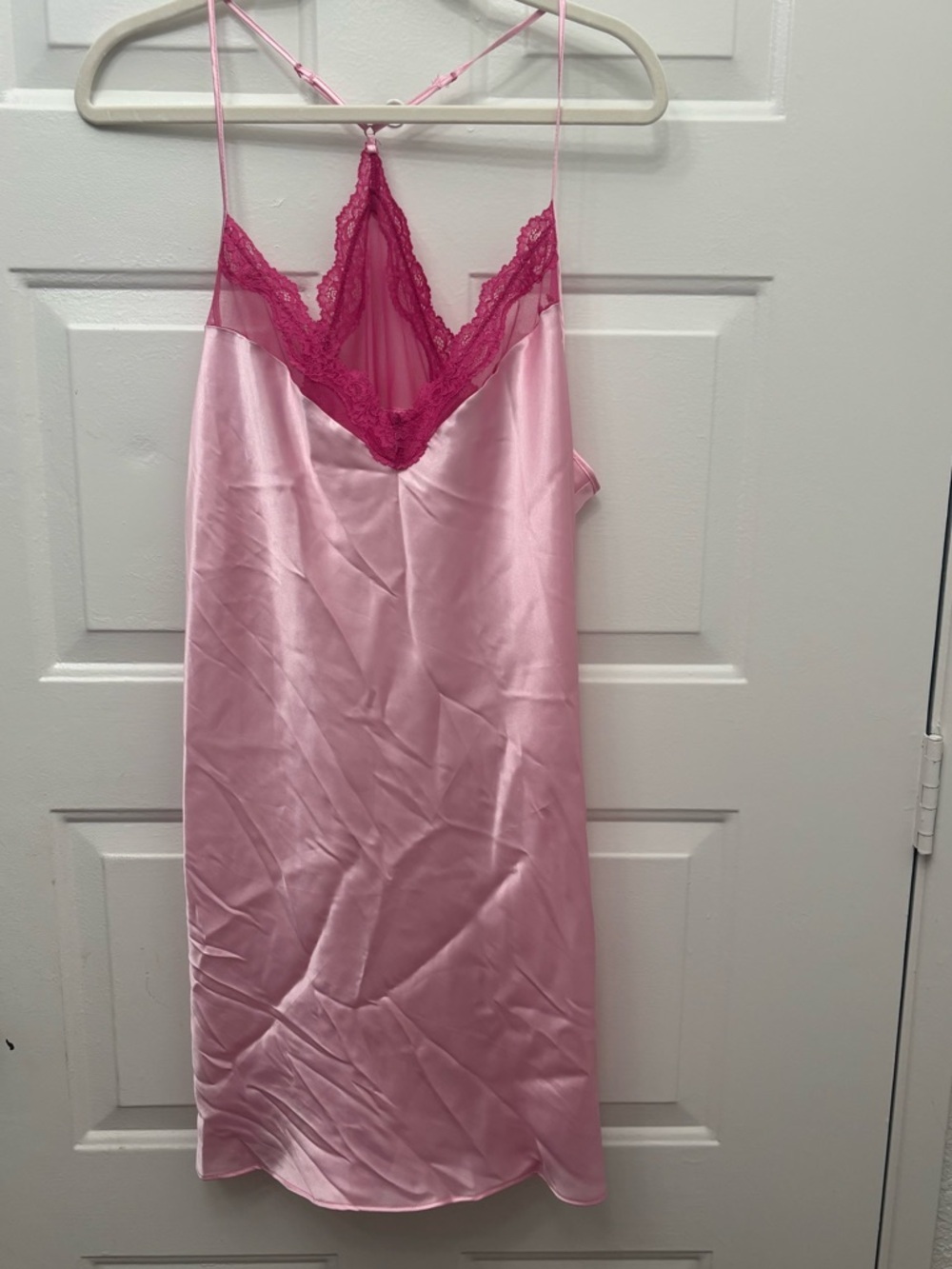 Pink Satin Chemise with Deep Pink Lace Trim